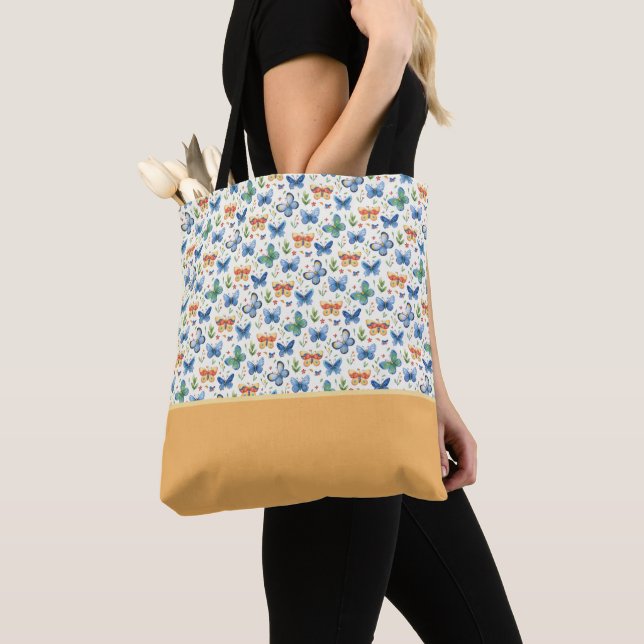 Tote Bag Papillons Vert Jaune Bleu Fleurs Bloc de Couleurs (De près)