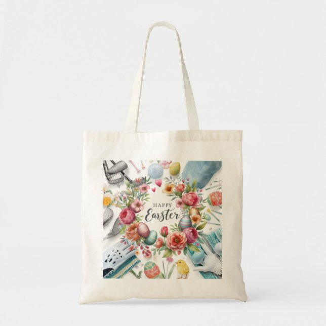 Tote Bag Pâques de golf avec équipement de golf avec fleur (Devant)
