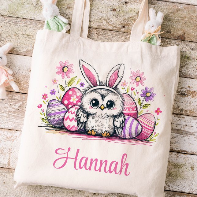 Tote Bag Pâques Enfants Nom Filles Chouette Lapin (Owl Girls Easter Tote)