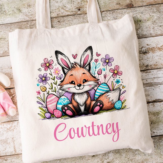 Tote Bag Pâques Enfants Nom Filles Lapin Fox (Fox Girls Easter Tote)