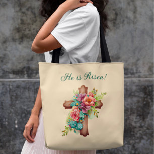 Tote Bag Pâques "Il est ressuscité" Croix florale