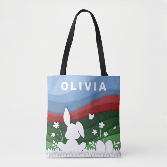 Tote Bag Pâques lapin et oeufs dessin animé papier coupé pr (Devant)