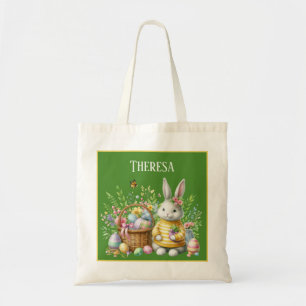 Tote Bag Pâques lapin filles aquarelle ajouter nom chasse a