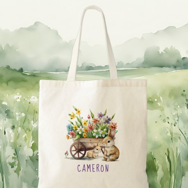 Tote Bag Pâques Personnalisés avec de Mignons Lapins (Cute Bunnies Personalized Easter Tote Bag)