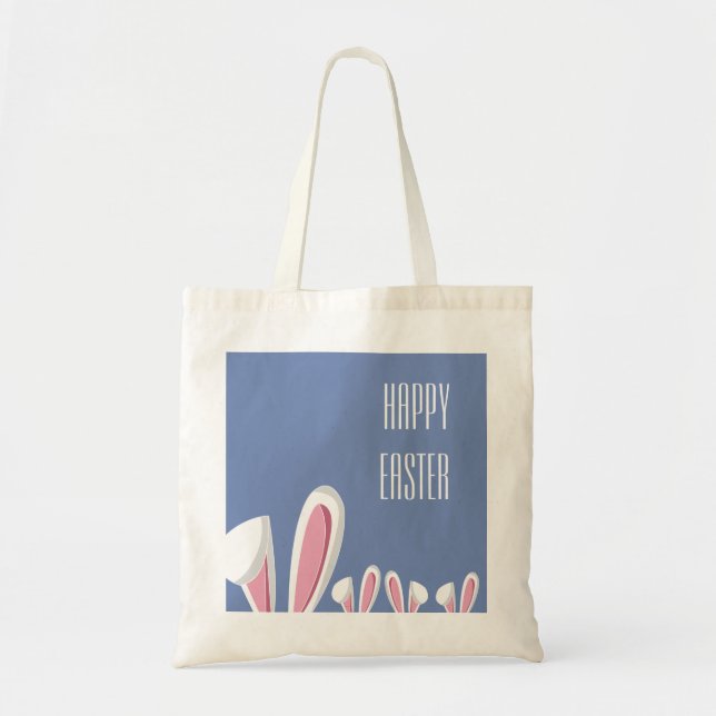 Tote Bag Pâques roses oreilles lapin sur le bleu, Joyeux Fo (Devant)