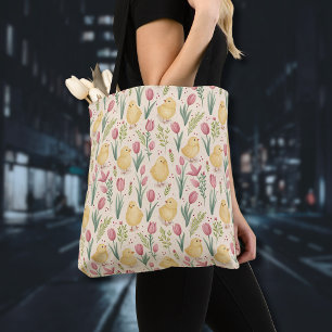 Tote Bag Pâques vintage poussins jaunes mignons tulipes rou