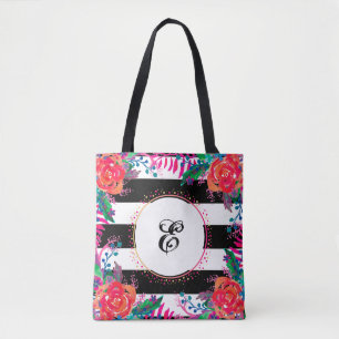 Tote Bag paquets floraux personnalisés et rayés noirs