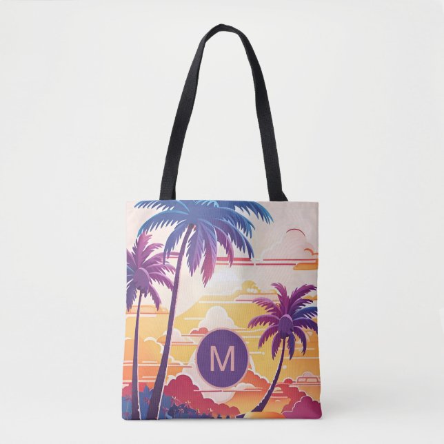 Tote Bag Paradis Tropical Monogramme d'Art Numérique Cool (Devant)