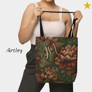 Tote Bag Paraphe Vintage vert rouge sur pivoine florale Ini
