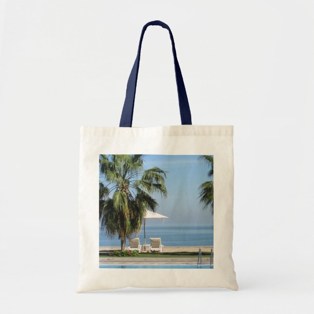 Tote Bag Parapluie de plage et chaises longues, Palmiers, O (Devant)