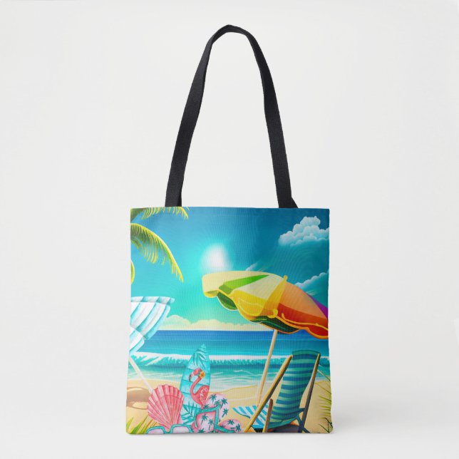 Tote Bag Parasols de plage, planches de surf et arbres (Devant)