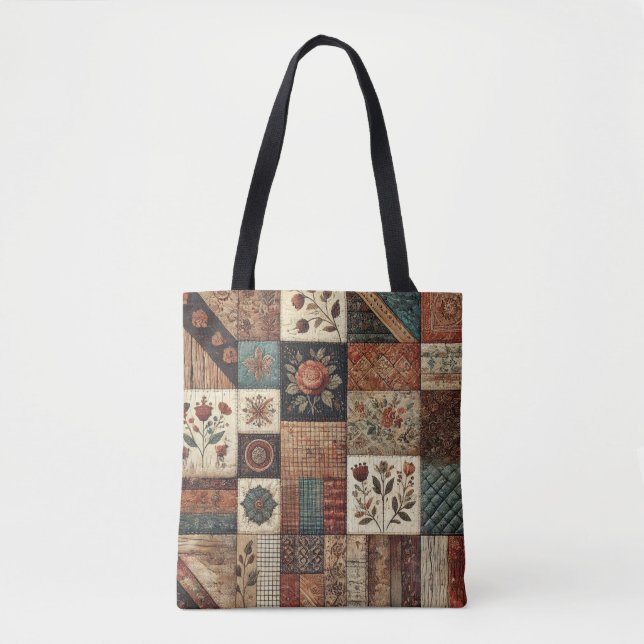 Tote Bag Parcelle en terre cuite unique & Patchwork Rustiqu (Devant)