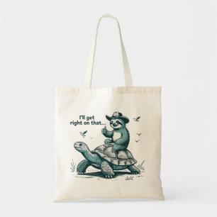 Tote Bag Paresseux à Cheval sur une Tortue Humour Je M'y Me