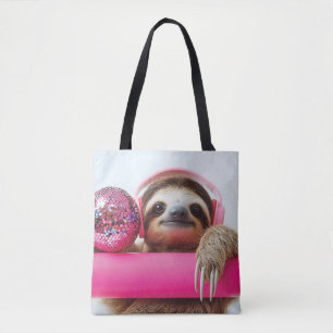 Tote Bag Paresseux funky avec casque rose et boule disco