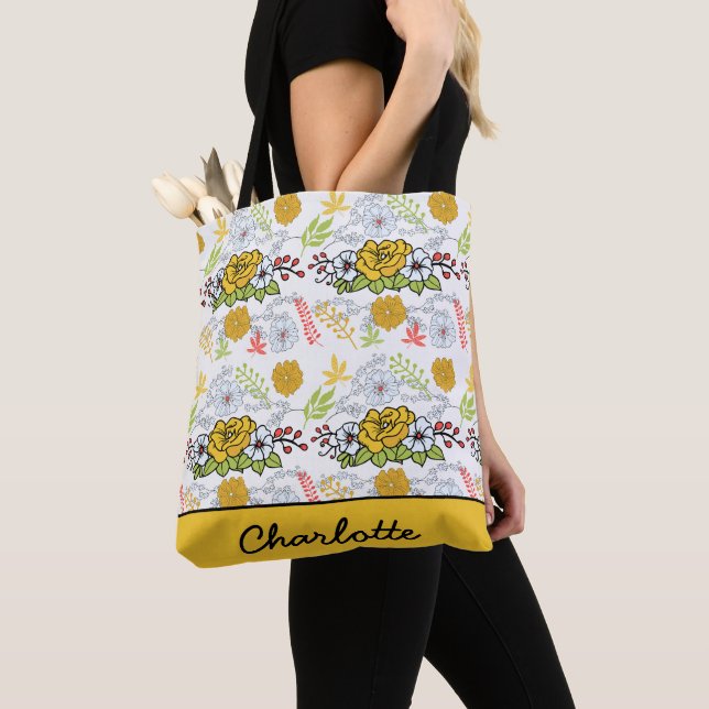 Tote Bag Parfum fleuri vert nom personnalisé (De près)