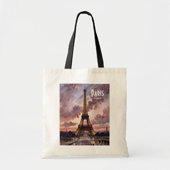 Tote Bag Paris Eiffel Tower Twilight Watercolor Custom Text (Devant)