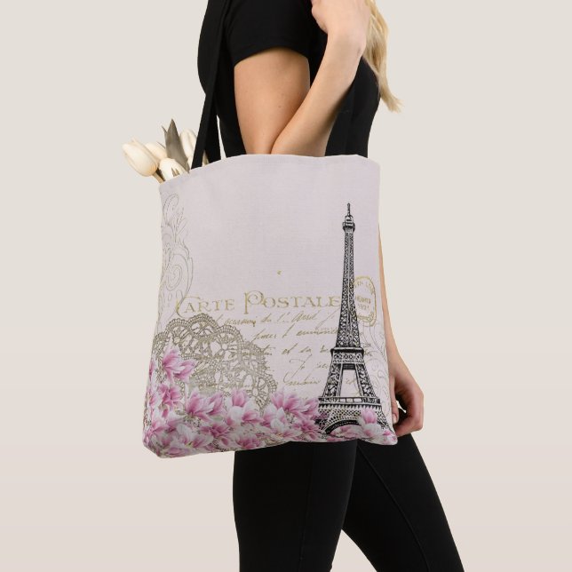 Tote Bag Paris France Tour Eiffel avec Fleurs Roses (De près)