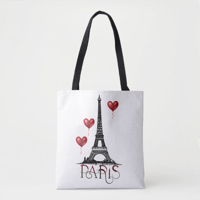 Tote Bag Paris, Tour Eiffel et Ballons du Coeur Rouge (Devant)