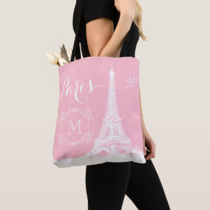 Tote Bag Paris Tour Eiffel Rose Girly Blanc Monogramme