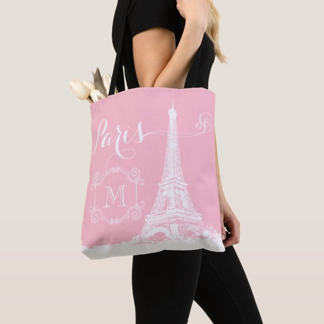 Tote Bag Paris Tour Eiffel Rose Girly Blanc Monogramme (De près)