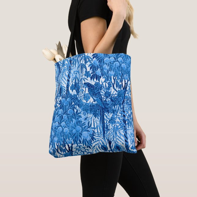 Tote Bag Parrot dans un cadre de jungle, Indigo bleu et bla (De près)