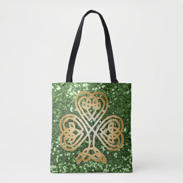 Tote Bag Parties scintillant de Green Faux, Shamrock celte  (Devant)