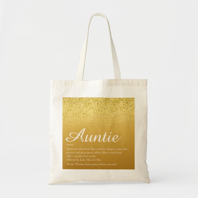 Tote Bag Parties scintillant d'or Glam Script Tante Tante D (Devant)