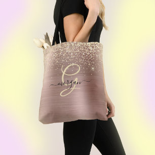 Tote Bag Parties scintillant d'or, Monogramme d'or, Nom de