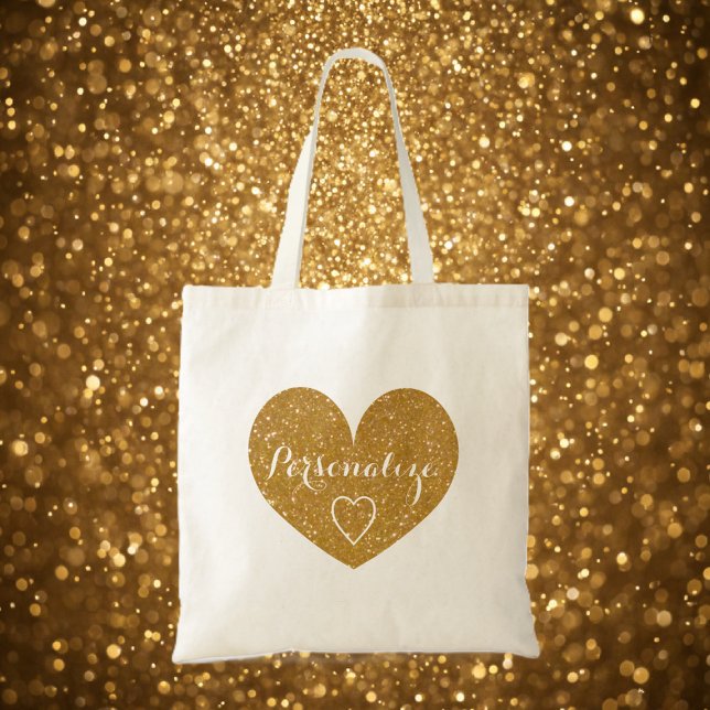 Tote Bag Parties scintillant d'or personnalisée amour coeur (gold heart tote bag)