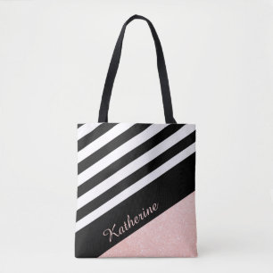 Tote Bag parties scintillant d'or rose rayé noir et blanc c
