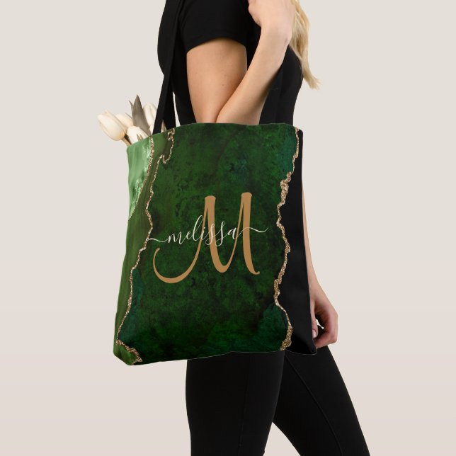 Tote Bag Parties scintillant d'or vert chic Agate Monogramm (De près)