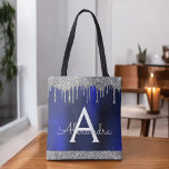 Tote Bag Parties scintillant en argent bleu marine étincela<br><div class="desc">Silver de luxe et bleu marine Faux Étincelle et Parties scintillant Elégant sac de livre de monogramme. Ce sac de livre peut être customisé pour inclure votre nom initial et prénom et donné comme cadeau pour Noël,  Sweet 16 Anniversaire,  Fête des mariées ou Mariage.</div>