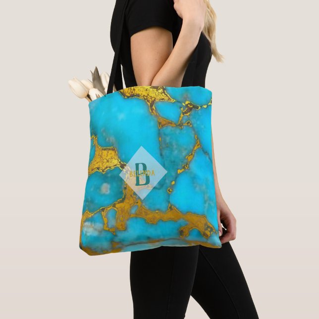 Tote Bag Parties scintillant en or en marbre Turquoise FOUR (De près)