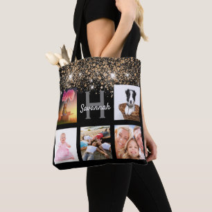 Tote Bag Parties scintillant en or noir photo collage nom m