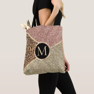 Tote Bag Parties scintillant en or Rose rayé Leopard Monogr