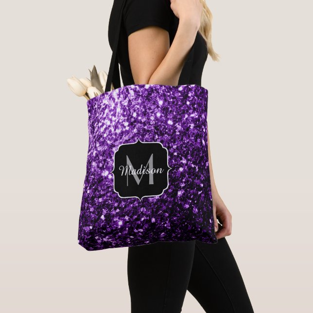 Tote Bag Parties scintillant foncé violet faux brillant sci (De près)