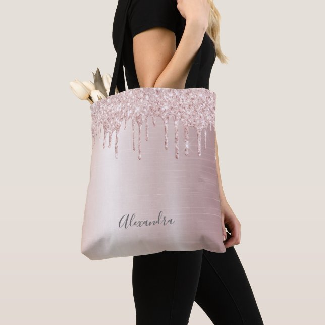 Tote Bag Parties scintillant goutte rose or ombre nom girly (De près)