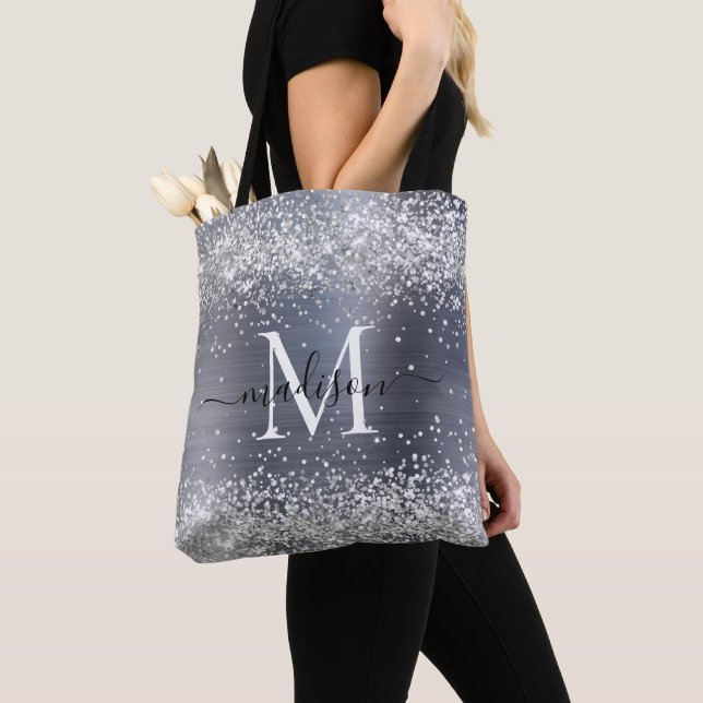 Tote Bag Parties scintillant gris argent brossé Monogramme  (De près)