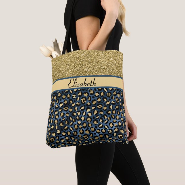 Tote Bag Parties scintillant moderne Blue Gold Leopard Pers (De près)