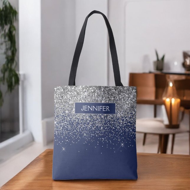 Tote Bag Parties scintillant Monogram Navy Blue Silver Glam (Créateur téléchargé)