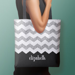 Tote Bag Parties scintillant noire et argent Imprimer Chevr