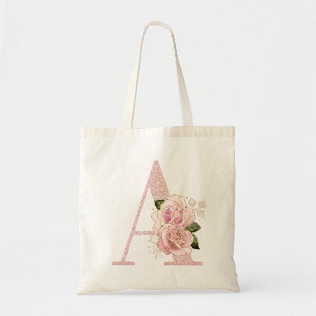 Tote Bag Parties scintillant or Rose pâle  Floral Monogramm (Devant)
