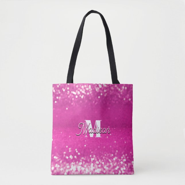 Tote Bag Parties scintillant rose chaud Bokeh Monogramme (Devant)