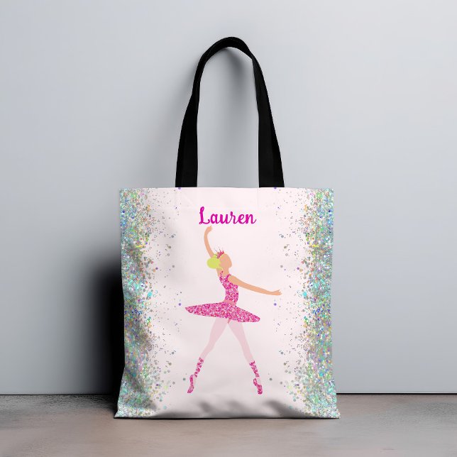 Tote Bag Parties scintillant rose lunette Ballerina Look (Light Hair Pink Glitter Dress Ballerina Crown Tote Bag)