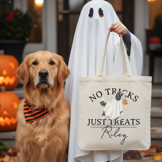 Tote Bag Pas De Trucs Traitez Juste Drôle Pun Fantôme Chien (Collect candy treats in the cutest No Tricks Just Treat Funny Pun Ghost Dog Halloween Tote Bag! )