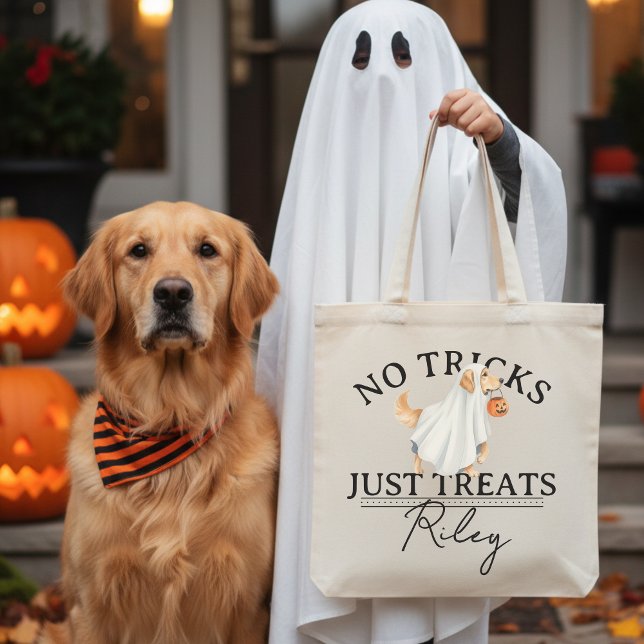 Tote Bag Pas De Trucs Traitez Juste Drôle Pun Fantôme Chien (Collect candy treats in the cutest No Tricks Just Treat Funny Pun Ghost Dog Halloween Tote Bag! )