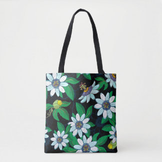 Tote Bag Passionflower, passiflora on a black background. F