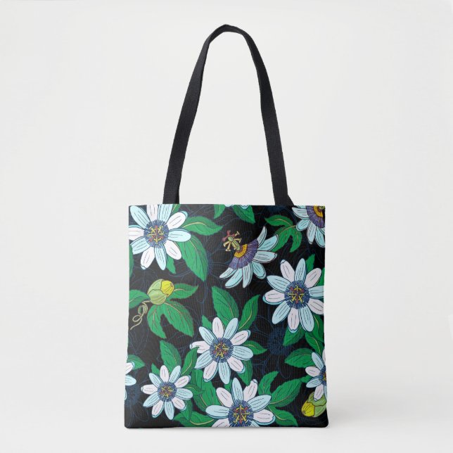 Tote Bag Passionflower, passiflora on a black background. F (Devant)