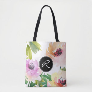 Tote Bag Pastel Aquarelle Rose Floral avec Monogramme
