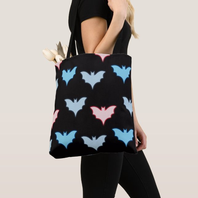 Tote Bag Pastel Bats bleu gris rose noir Halloween (De près)